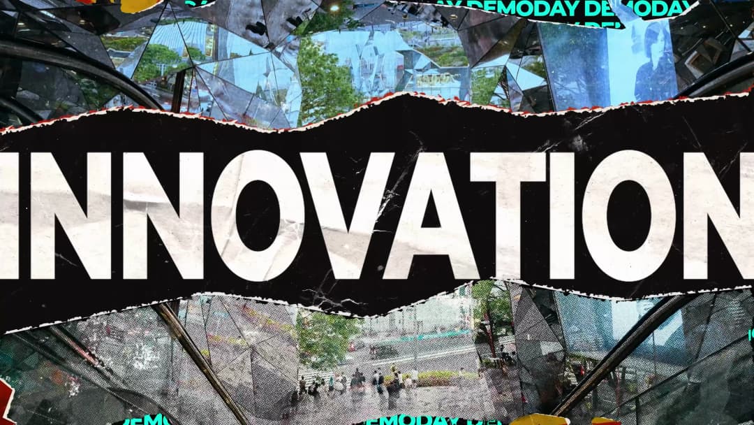 INNOVATION이라는 큰 글자가 적힌 콜라주 스타일의 그래픽 이미지