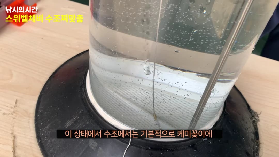 투명한 원통형 수조 안에 낚시 채비가 담겨 있고, 수면 아래로 낚싯줄과 봉돌이 수직으로 매달려 있는 모습