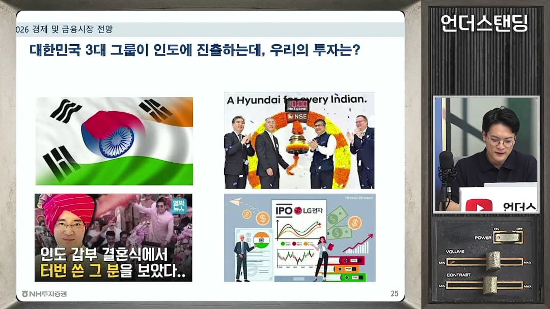 한국과 인도 국기, 기업 행사 사진, 인도 전통 복장을 한 사람의 모습이 담긴 발표 슬라이드와 스튜디오의 출연자.